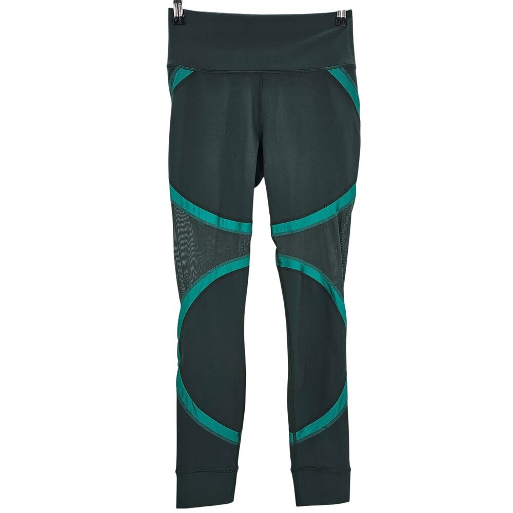 Fabletics Womans size XS Power Hold 7/8th Leggings Mesh/Ribbon Detailing Green